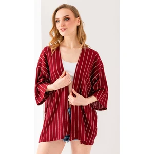 Kadın Yarım Kol Çizgili Bürümcük Kimono Bordo - 254406