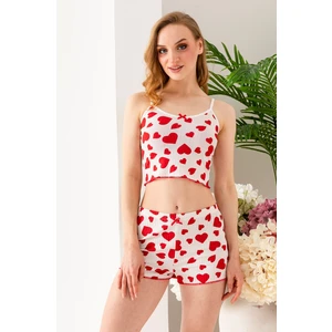 Kadın Kalp Desenli Atlet Şort Pijama Takımı Beyaz - 25Y 10041