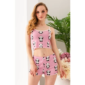 Kadın Panda Desenli Atlet Şort Pijama Takımı Pembe - 25Y 10041
