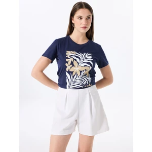 Bisiklet Yaka Baskılı Lacivert Kadın T-Shirt F5SL-TST0451