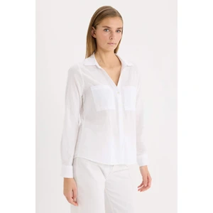 Regular Fit Basic Düz Keten Karışımlı Beyaz Uzun Kollu Gömlek V2522AZ25SP