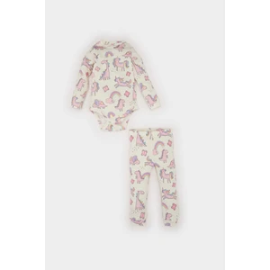Kız Bebek 2'li Takım Desenli Fitilli Kaşkorse Uzun Kollu Çıtçıtlı Body Uzun Alt E6308A525SP