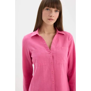 Regular Fit Basic Düz Keten Karışımlı Uzun Kollu Gömlek V2522AZ25SP