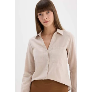 Regular Fit Basic Düz Keten Karışımlı Uzun Kollu Gömlek V2522AZ25SP