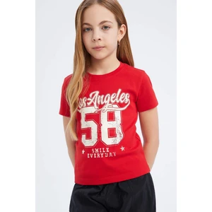 Kız Çocuk Slim Fit Dar Kesim Bisiklet Yaka Baskılı Ribana Kısa Kollu Tişört E0366A825SM