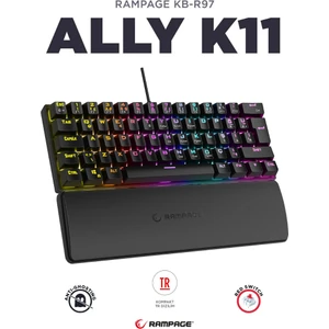 ALLY K11 Siyah 12 Işık Modlu Red Switch Mekanik Bilek Destekli Rainbow Antighosting Türkçe Q Gaming Oyuncu Klavyesi