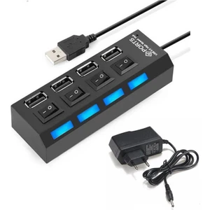 4 Port USB 2.0 Çoklayıcı Çoğaltıcı Hub Anahtarlı Işıklı Adaptörlü - Ic Chipli USB Çoklayıcı