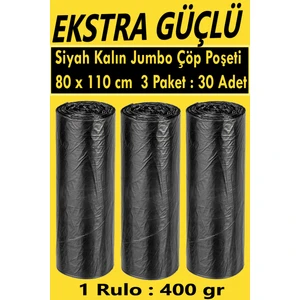 PC Premium Center Ekstra Güçlü Siyah Kalın Jumbo Boy Çöp Poşeti 80x110 cm (1 Paket Ağırlığı 400 gr) 3 Paket : 30 Adet