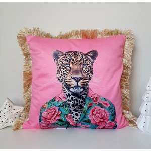 Leopar Desenli Pembe Kadife Saçaklı Dekoratif Kırlent Kılıfı 43 x 43  cm