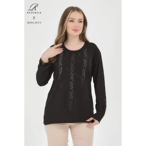 Kadın Orta Yaş ve Üzeri Viskon Düz Cizgi Taşlı Işlemeli Likralı Siyah Anne Penye Bluz