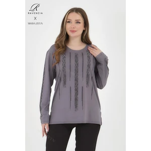 Kadın Orta Yaş ve Üzeri Viskon Düz Cizgi Taşlı Işlemeli Likralı Gri Anne Penye Bluz