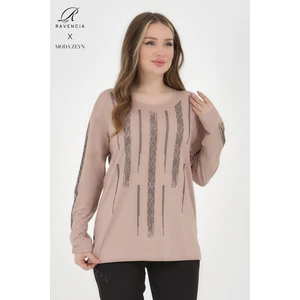 Kadın Orta Yaş ve Üzeri Viskon Düz Cizgi Taşlı Işlemeli Likralı Bej Anne Penye Bluz
