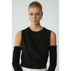 Modest Annabel Kadın %100 Pamuk Drape Detaylı Yuvarlak Yaka Sıfır Kol Basıc Siyah T-shirt