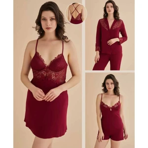 Kadın Bordo Gecelik&sabahlık&şortlu Takım&pijama Takımı 6'lı Penye Gelin Çeyizlik Set Q5.8.dkukchss