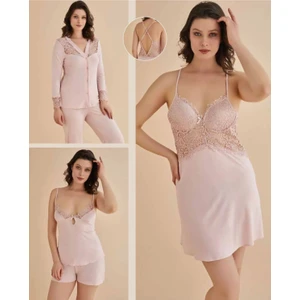 Kadın Pudra Gecelik&sabahlık&şortlu Takım&pijama Takımı 6'lı Penye Gelin Çeyizlik Set Q5.8.dkukchss