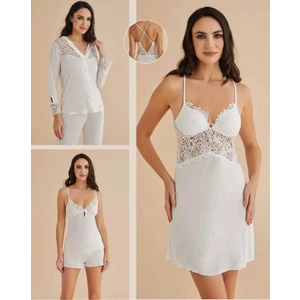 Kadın Ekru Gecelik&sabahlık&şortlu Takım&pijama Takımı 6'lı Penye Gelin Çeyizlik Set Q5.8.dkukchss