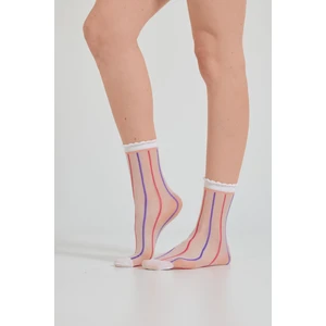 Katia & Bony Kadın Dik Renkli Çizgili İnce Soket Çorap Beyaz