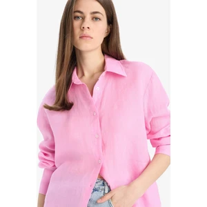 %100 Keten Oversize Geniş Kalıp Basic Düz Pembe Uzun Kollu Gömlek Z6638AZ25SP