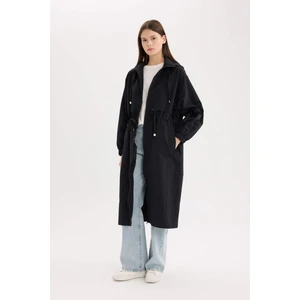 Su Geçirmez Kapüşonlu Fermuarlı Cepli Beli Büzgülü Mevsimlik Uzun Yağmurluk A6245AX25SP