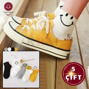 Kral Socks Kadın (5 Çift) Çeyrek Soket Soft Gülen Yüz Model Pamuklu Terletmez Çorap Seti