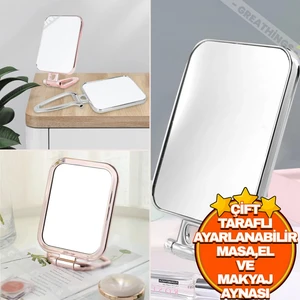 Çift Taraflı Büyüteçli Makyaj Aynası | Ayarlanabilir Ayaklı Masa Aynası El Aynası