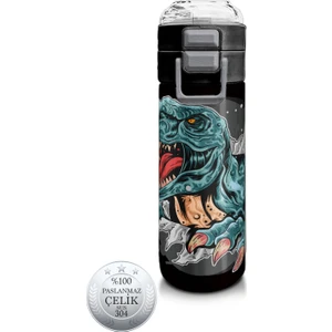 Coral High Kids Koyu Gri Siyah Dinozor Desenli Pipetli ve Direkt Içim Çelik Termos 500 ml 31822