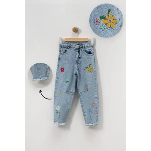 Papatya Nakışlı Paça Detaylı Kız Çocuk Mavi Jean Kot Pantolon
