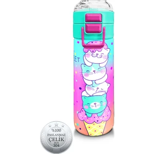 Coral High Kidsrenkli Dondurmalı Kedi Desenli Pipetli ve Direkt Içim Çelik Termos 500 ml 31812
