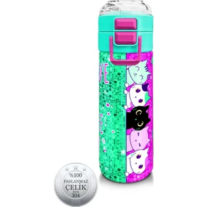 Coral High Kids Pembe Su Yeşili Kedi Desenli Pipetli ve Direkt Içim Çelik Termos 500 ml 31806