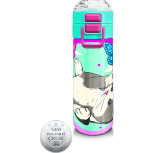 Coral High Kids Su Yeşili Pembe Kedi Desenli Pipetli ve Direkt Içim Çelik Termos 500 ml 31796