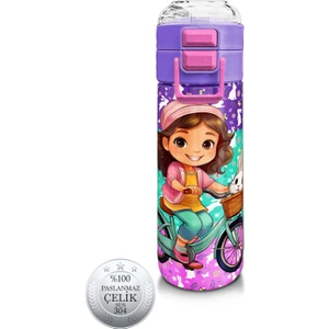 Coral High Kids Mor Pembe Bisikletli Kız Desenli Pipetli ve Direkt Içim Çelik Termos 500 ml 31797