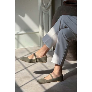 Nişantaşı Shoes Desire Haki  Süet Toka Detaylı Düz Taban Kadın Babet