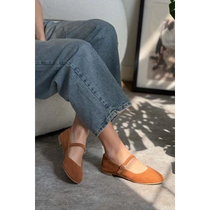 Nişantaşı Shoes Desire Taba  Süet Toka Detaylı Düz Taban Kadın Babet