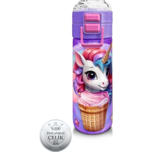 Coral High Kids Mor Pembe Unicorn Dondurma Desenli Pipetli ve Direkt Içim Çelik Termos 500 ml 31859