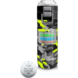 Coral High Kids Siyah Gri Kamuflaj Desenli Pipetli ve Direkt Içim Çelik Termos 500 ml 31909