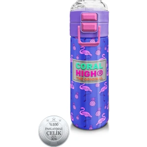 Coral High Kids Lavanta Pembe Flamingo Desenli Pipetli ve Direkt Içim Çelik Termos 500 ml 31905