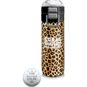 Coral High Kids Kahverengi Leopar Desenli Pipetli ve Direkt Içim Çelik Termos 500 ml 31881