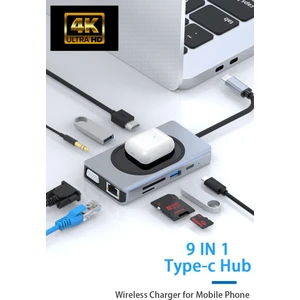 WW-9 Macbook Uyumlu Type-C To USB 3.0 4K HDMI  Ethernet RJ45 VGA Sd Tf Kart Pd Aux 9 Port Çevirici Hub Adaptör
