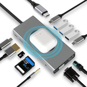 WW-9 Macbook Uyumlu Type-C To USB 3.0 4K HDMI  Ethernet RJ45 VGA Sd Tf Kart Pd Aux 9 Port Çevirici Hub Adaptör