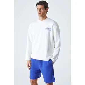 Slowsunday Erkek Baskı Detaylı Comfort Fit Bisiklet Yaka Ekru T-Shirt