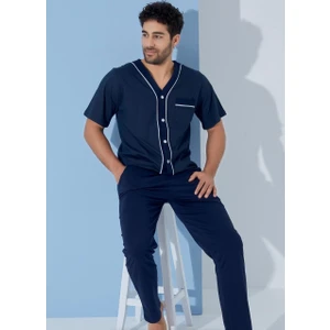 Erkek V Yaka Desenli Göğüs Cepli Kısa Kol Pijama Takımı-Pamuklu Önden Düğmeli Hastane Pijaması