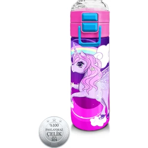 Coral High Kids Mor Pembe Unicorn Desenli Pipetli ve Direkt Içim Çelik Termos 500 ml 31923