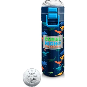 Coral High Kids Lacivert Mavi Dinozor Desenli Pipetli ve Direkt Içim Çelik Termos 500 ml 31907