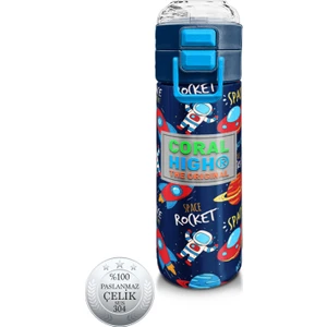 Coral High Kids Lacivert Mavi Uzay Desenli Pipetli ve Direkt Içim Çelik Termos 500 ml 31917