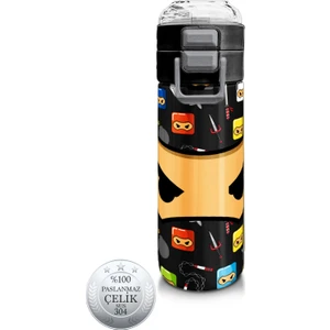Coral High Kids Siyah Ninja Desenli Pipetli ve Direkt Içim Çelik Termos 500 ml 31919