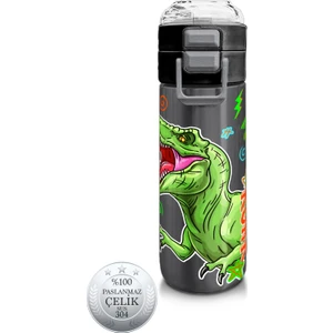 Coral High Kids Siyah Gri Dinozor Desenli Pipetli ve Direkt Içim Çelik Termos 500 ml 31946