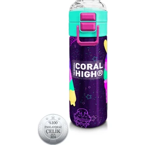 Coral High Kids Mor Pembe Dondurma Desenli Pipetli ve Direkt Içim Çelik Termos 500 ml 31980
