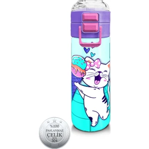 Coral High Kids Turkuaz Pembe Dondurmalı Desenli Pipetli ve Direkt Içim Çelik Termos 500 ml 31952