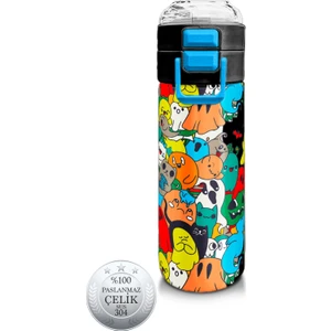 Coral High Kids Siyah Karikatür Çizgili Desenli Pipetli ve Direkt Içim Çelik Termos 500 ml 31990