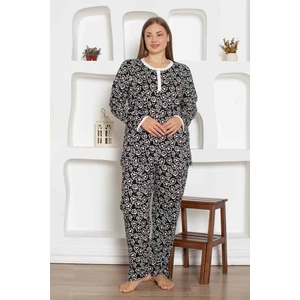Kadın Çiçek Desen Bisiklet Yaka 3 Düğmeli Pamuk Penye Ince Yazlık Uzun Kol Pijama Takımı